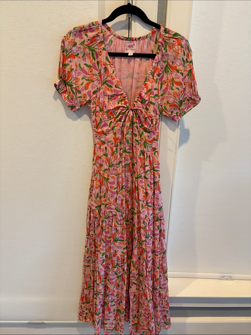 Banjanan Pink Floral Tie-Front Tiered Midi Dress